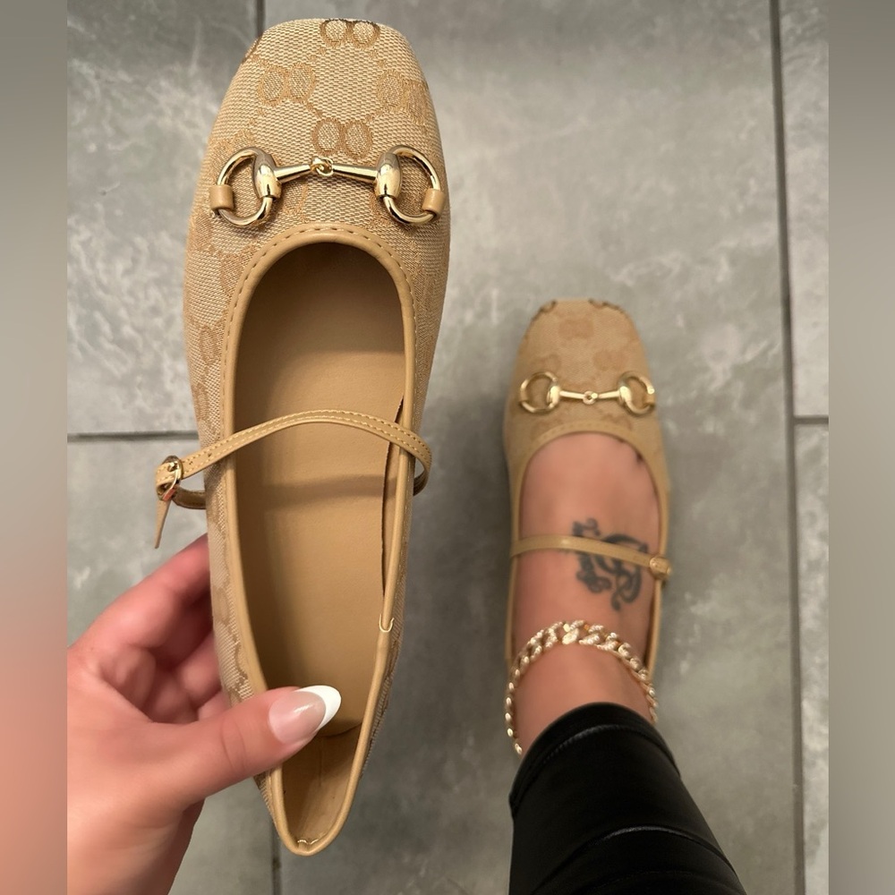 NEW Light Tan Monogram Horsebit Ballerina Flats